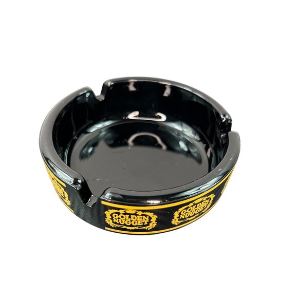 VTG Golden Nugget Black Glass Ashtray With Yellow Logo Casino Gambling MCM - Picture 2 of 8